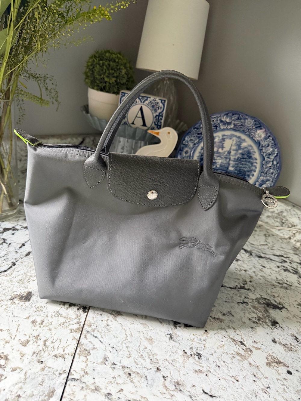 Longchamp Small Le Pliage Top-Handle Tote in Gray with Lime Accents
